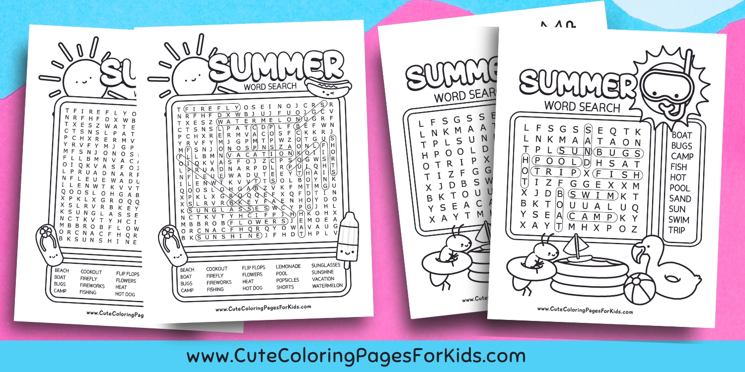 word search sheets for summer  with answer sheets on pink and blue wavy background