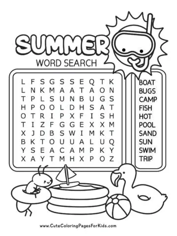 easy summer word search printout in black and white with illustration of a sun wearing a snorkel and mask, an ant and pool toys