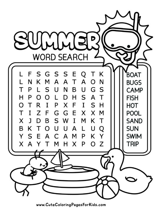 easy summer word search printout in black and white with illustration of a sun wearing a snorkel and mask, an ant and pool toys