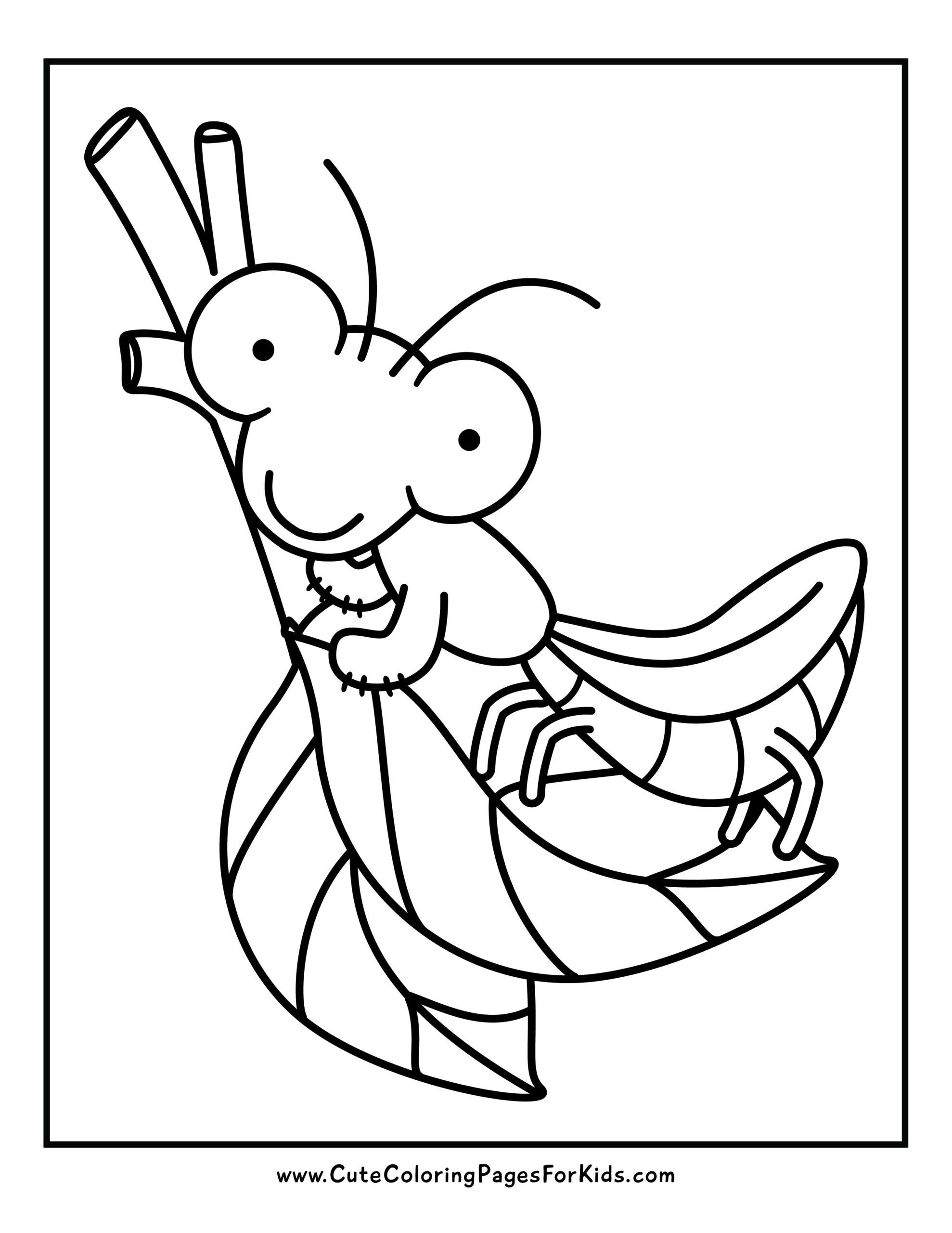 Coloring page, drawing cute praying mantis leaves standing on branch