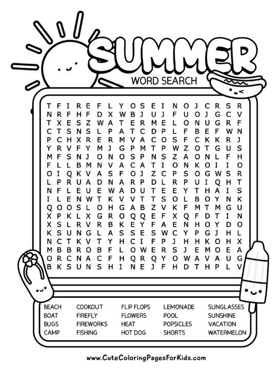 summer word search with twenty words and cute drawings of a flip flop, a hot dog, a sun, and a popsicle