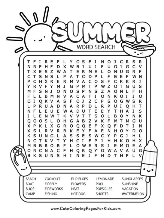 summer word search with twenty words and cute drawings of a flip flop, a hot dog, a sun, and a popsicle