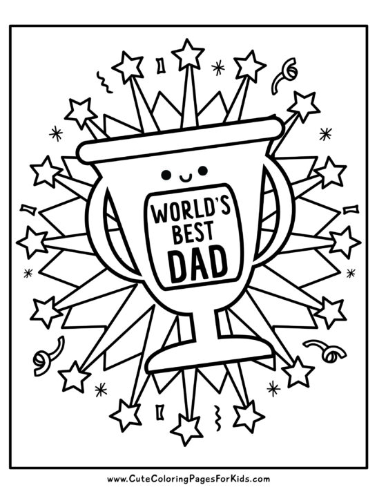 Worlds Best Dad trophy coloring page with star bursts