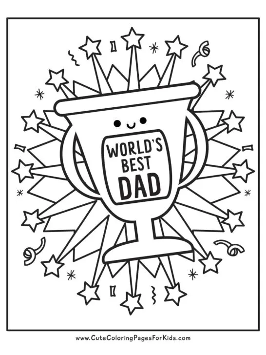 Worlds Best Dad trophy coloring page with star bursts