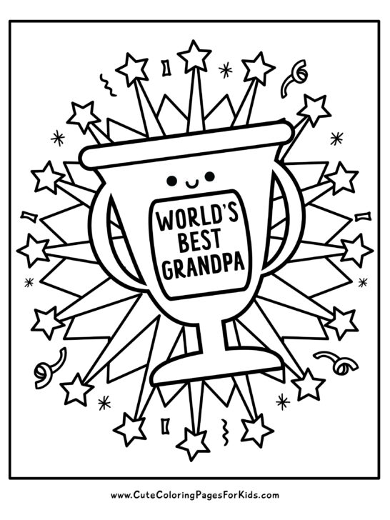 Worlds Best Grandpa trophy coloring page with star bursts