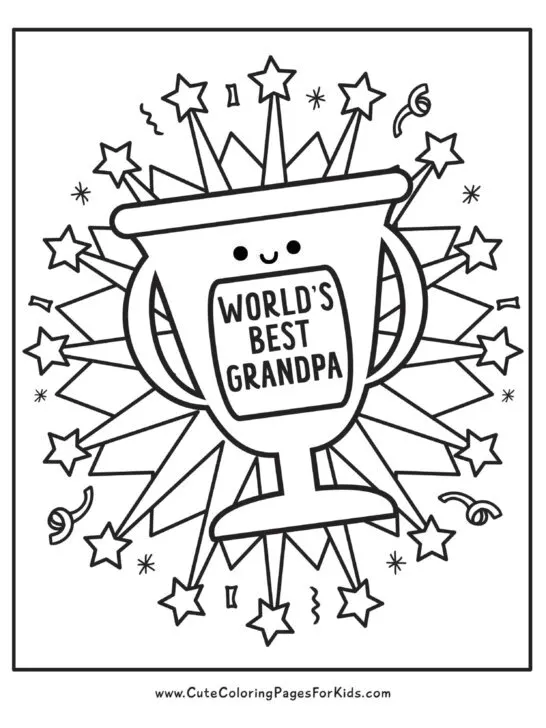 Worlds Best Grandpa trophy coloring page with star bursts