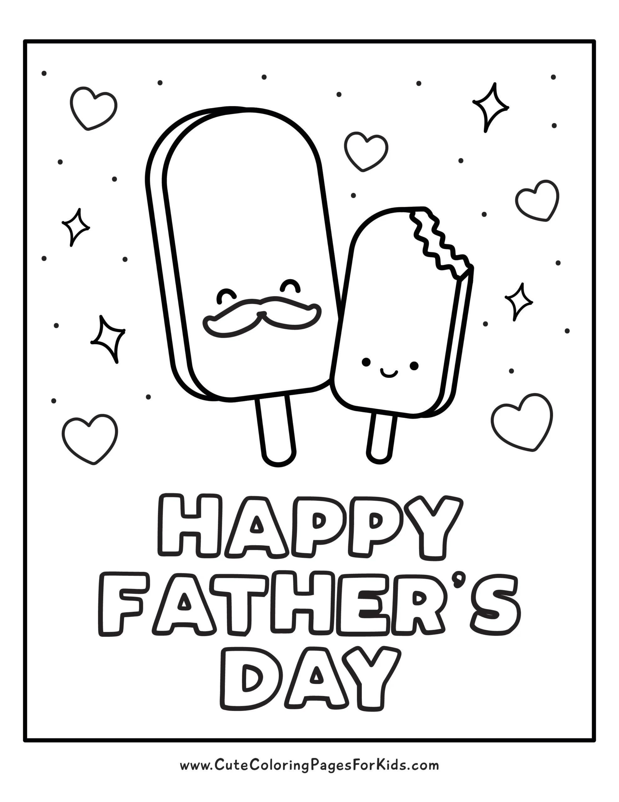 Father's Day coloring page with cute popsicle Dad and child and the words Happy Father's Day