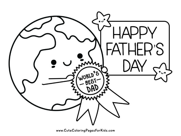 Worlds Best Dad coloring page with cute earth holding ribbon award and the words Happy Father's Day