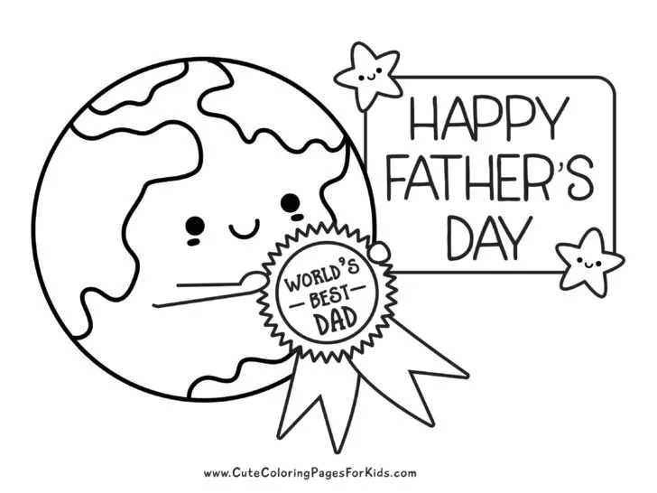 Worlds Best Dad coloring page with cute earth holding ribbon award and the words Happy Father's Day