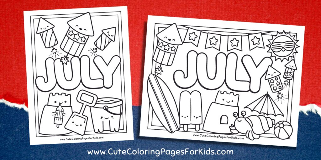 Two July coloring pages with many summer-themed characters on a red white and blue paper background