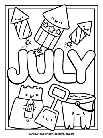 Cute July coloring page with happy fireworks, a sandcastle eating a bomb-pop, and a beach bucket and shovel.