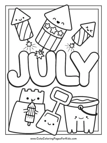 Cute July coloring page with happy fireworks, a sandcastle eating a bomb-pop, and a beach bucket and shovel.