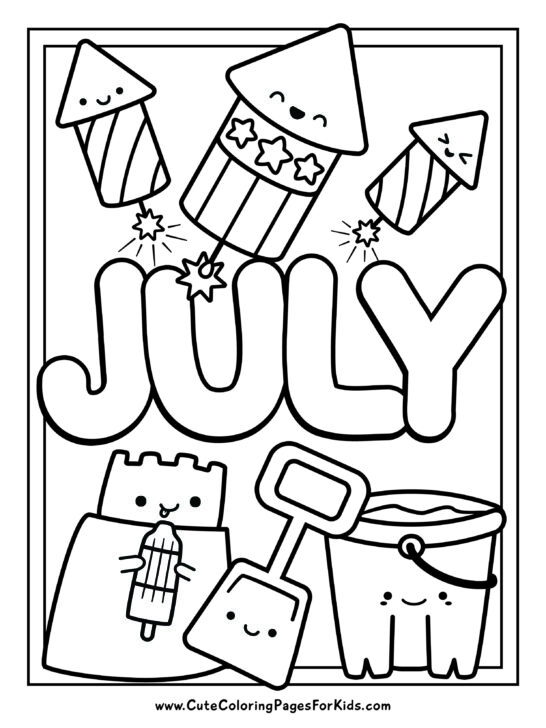 Coloring sheet with the word July and happy fireworks, plus a sandcastle eating a bomb-pop, and a beach bucket and shovel.