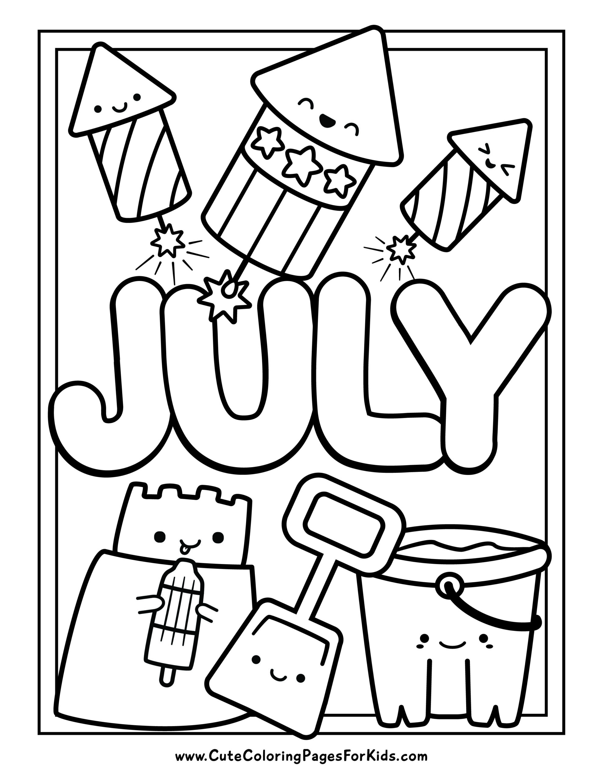 Cute July coloring page with happy fireworks, a sandcastle eating a bomb-pop, and a beach bucket and shovel.