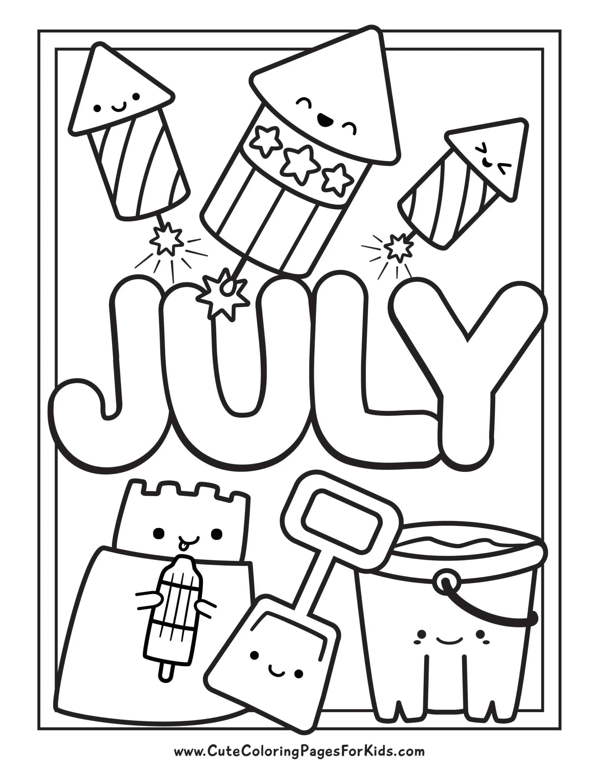 Cute July coloring page with happy fireworks, a sandcastle eating a bomb-pop, and a beach bucket and shovel.