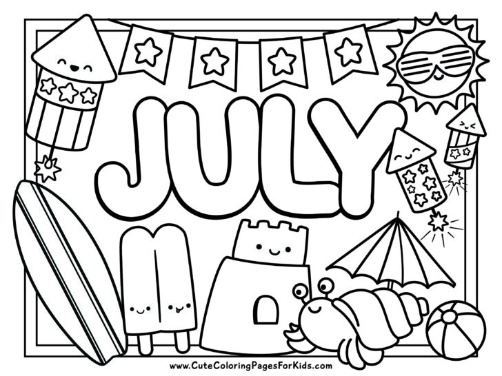 July coloring sheet with fireworks, star banner, sun, sandcastle, hermit crab, and popsicle