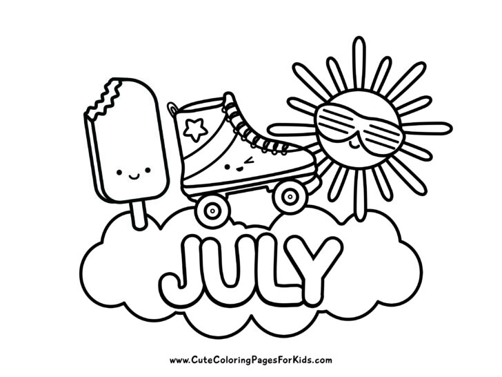 Coloring sheet with popsicle, roller skate, sun wearing sunglasses, and the word July