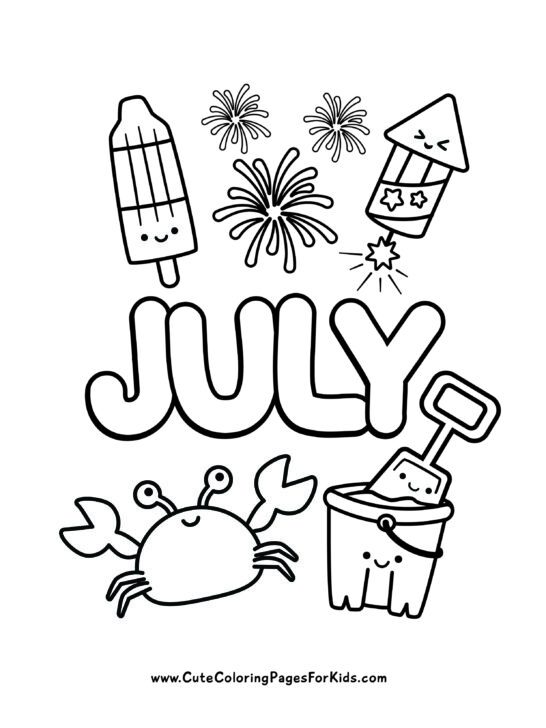 Cute July coloring page with fireworks, popsicle, sand bucket with shovel, and a crab.