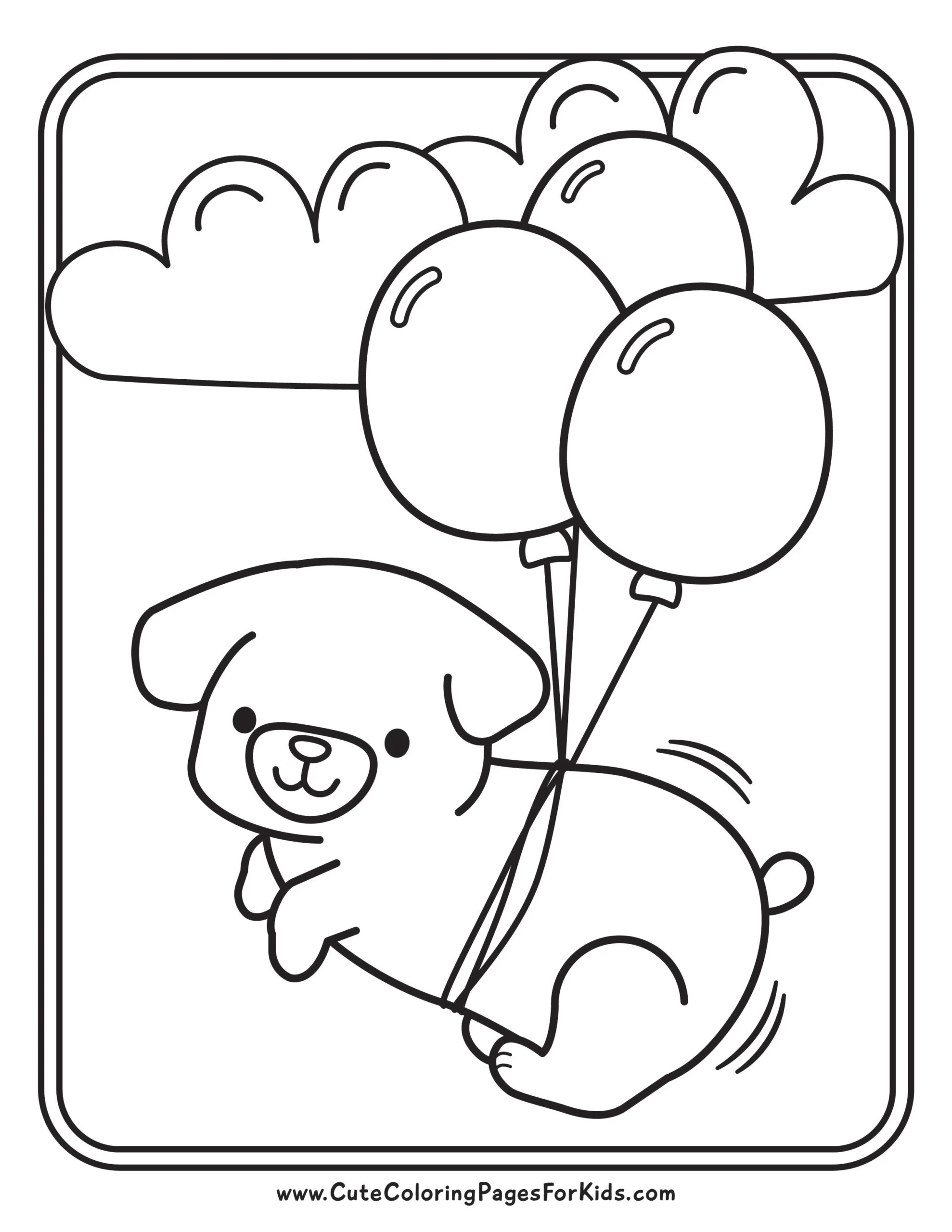 cute dog coloring page with pug type dog and balloons