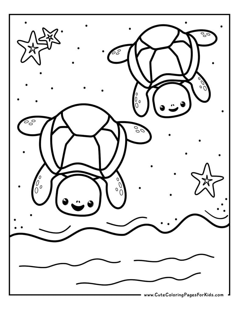 coloring page with picture of baby sea turtles on the beach walking towards the water