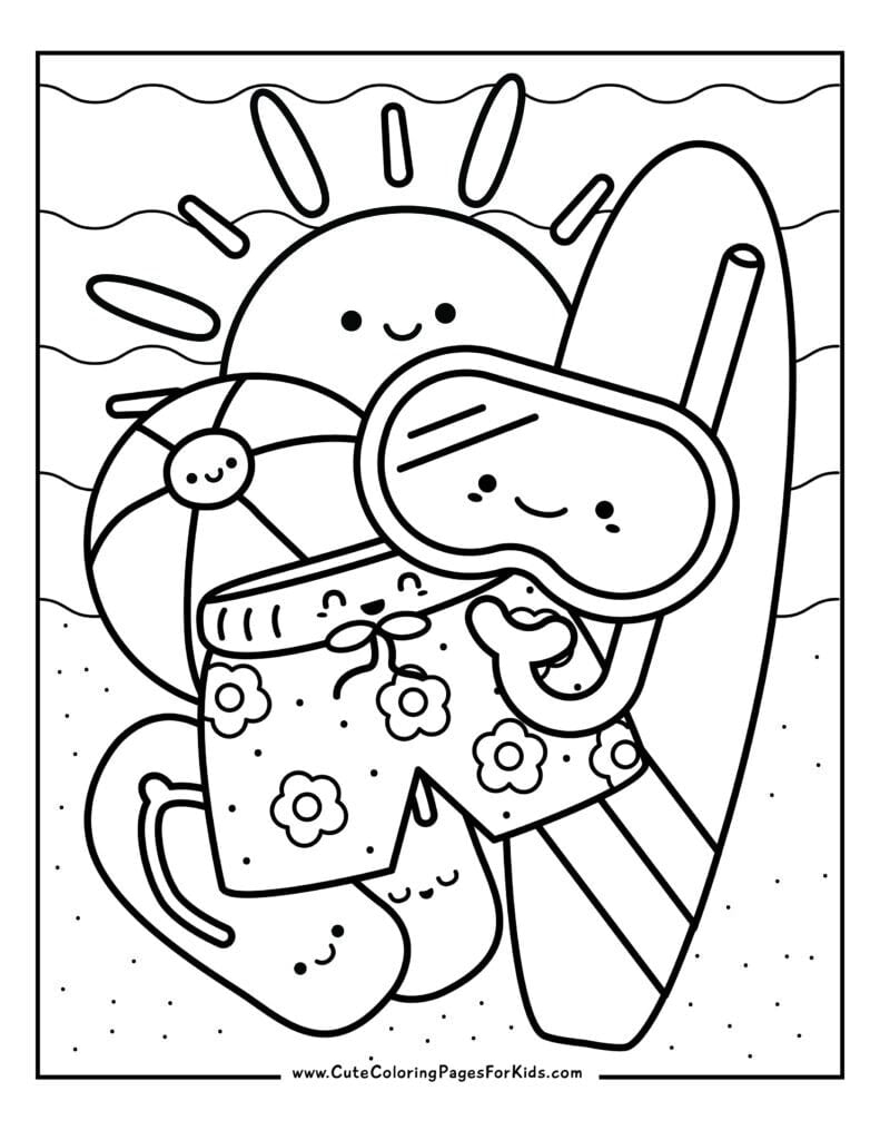 beach themed coloring page in kawaii style with happy sun, beach ball, snorkel mask, surf shorts, and flip flops, with a sand and water background.