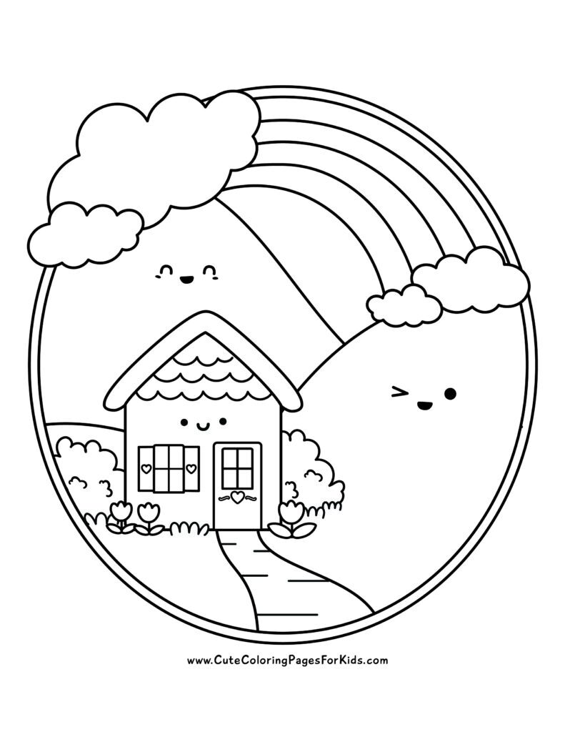 coloring page with happy cottage and rolling hills, with Rainbow arching from hill to hill in an oval border, drawn in kawaii style