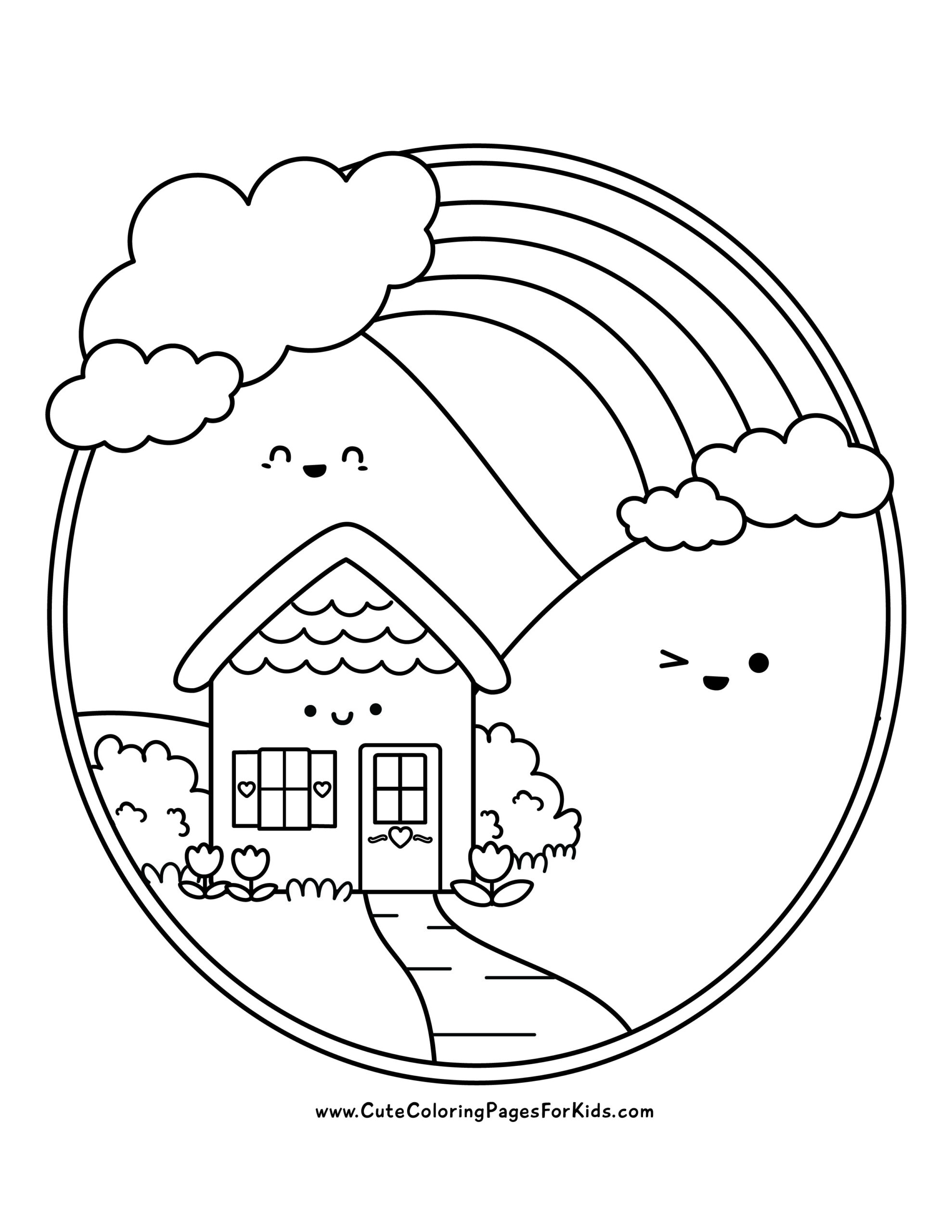 Coloring pages with happy huts and rolling hills, rainbow arches from hills to oval borders, drawn in kawaii style