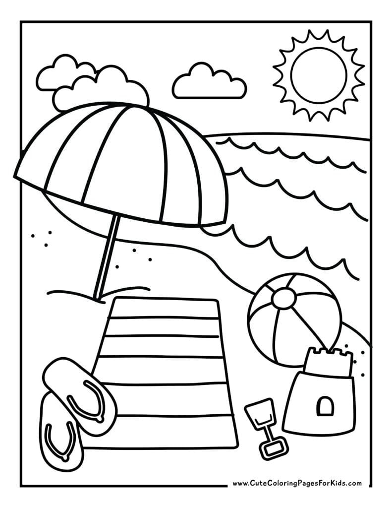 simple beach picture for coloring with umbrella, beach ball, sandcastle, waves, sun, clouds, flip flops, and a beach towel.