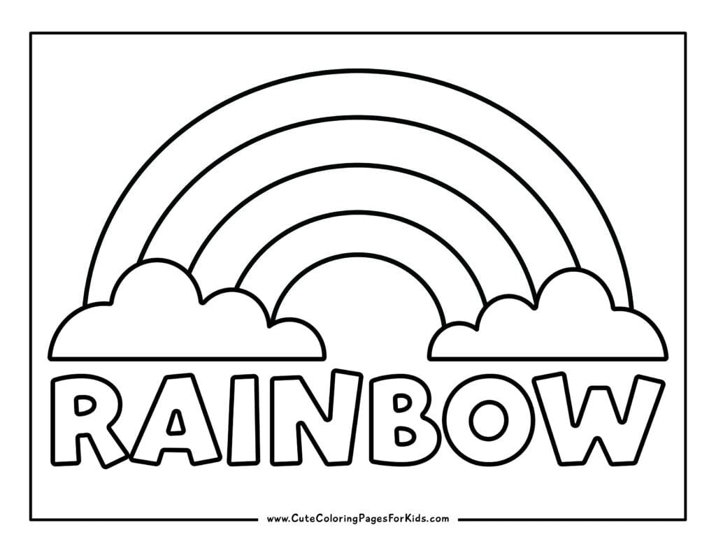 coloring page with rainbow, clouds, and the word Rainbow