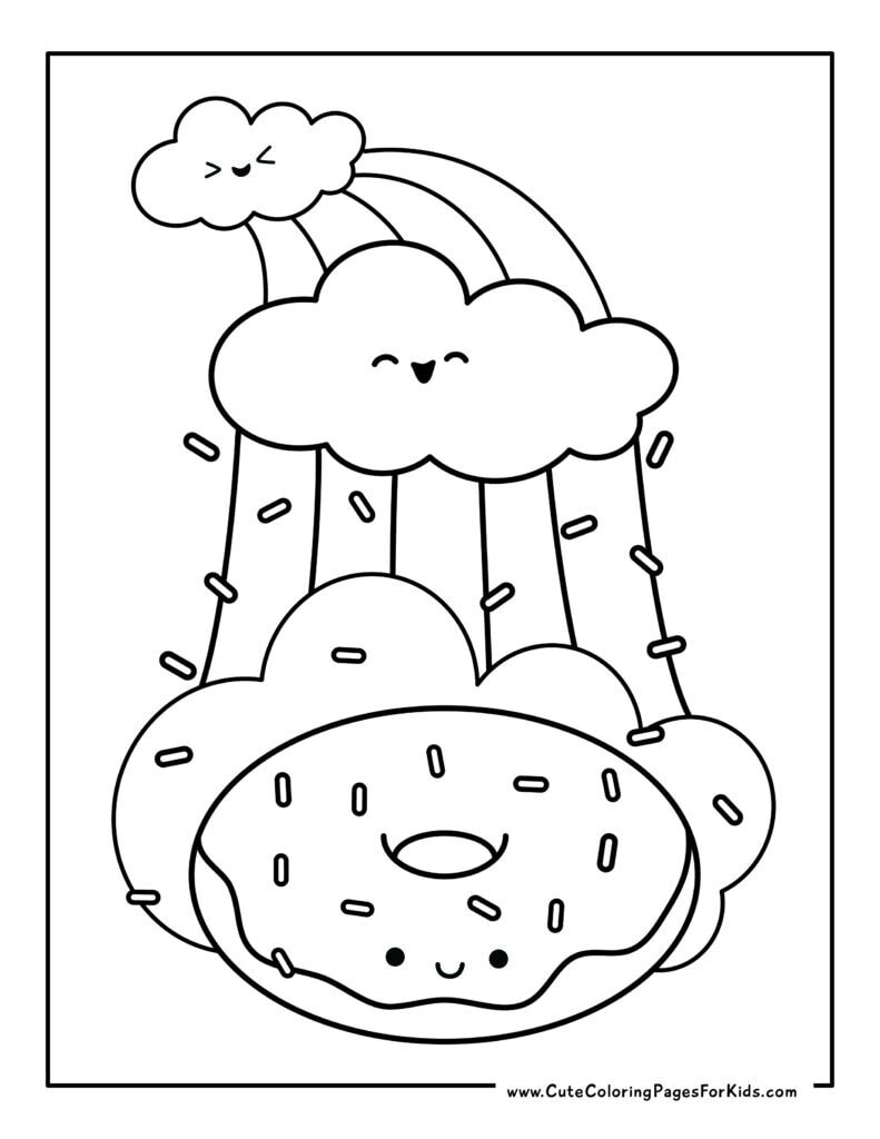 coloring sheet of donut with rainbow sprinkles and rainbows with clouds