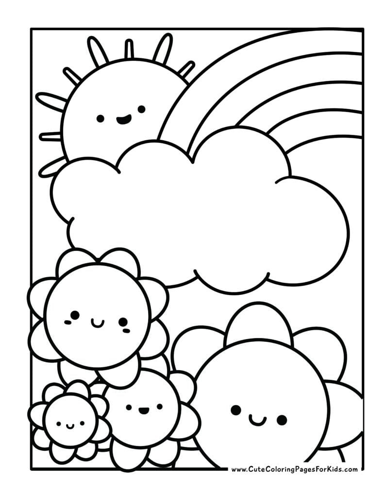 coloring page with rainbow, sun and flowers in kawaii drawing style