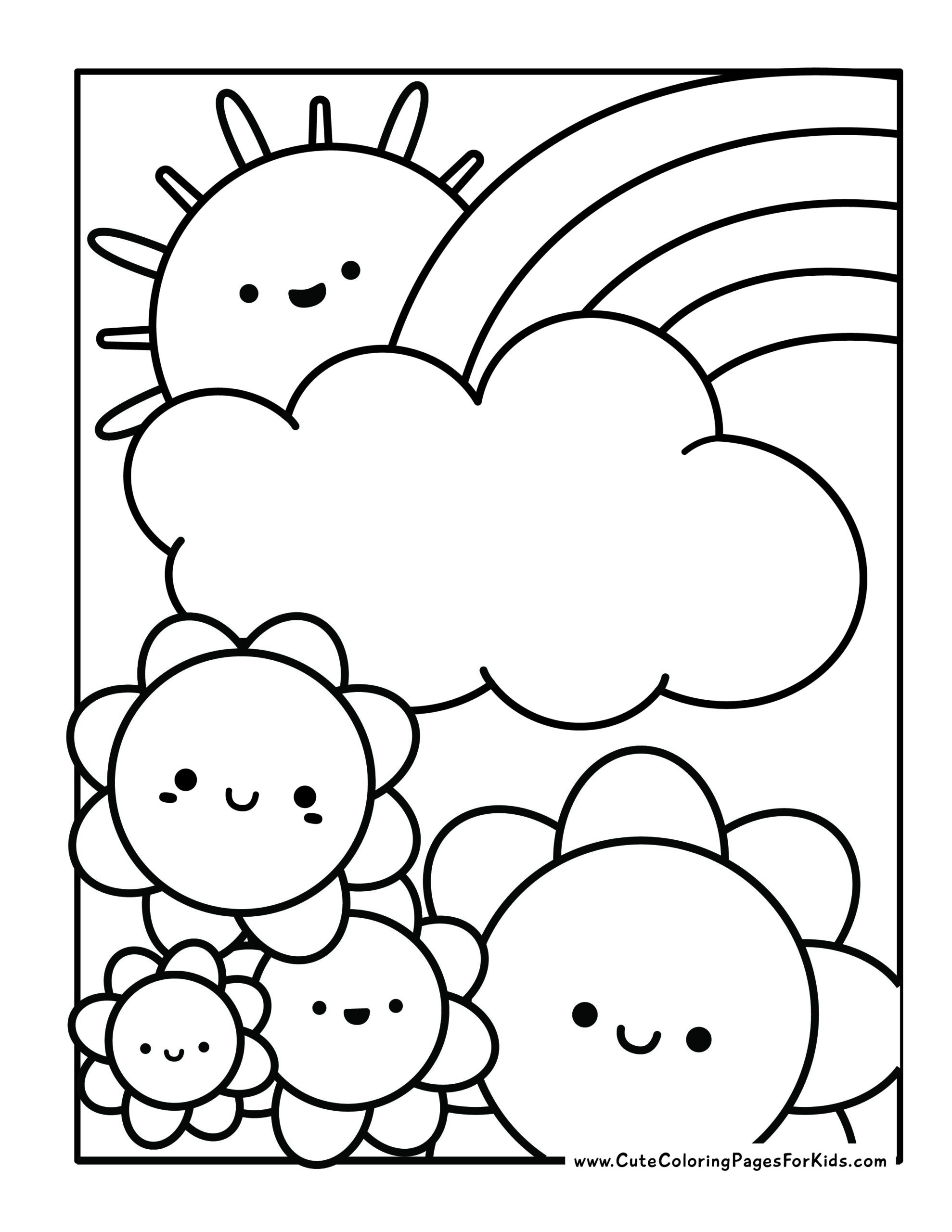 Coloring page with rainbow, sunshine and flowers in coloring page painting style