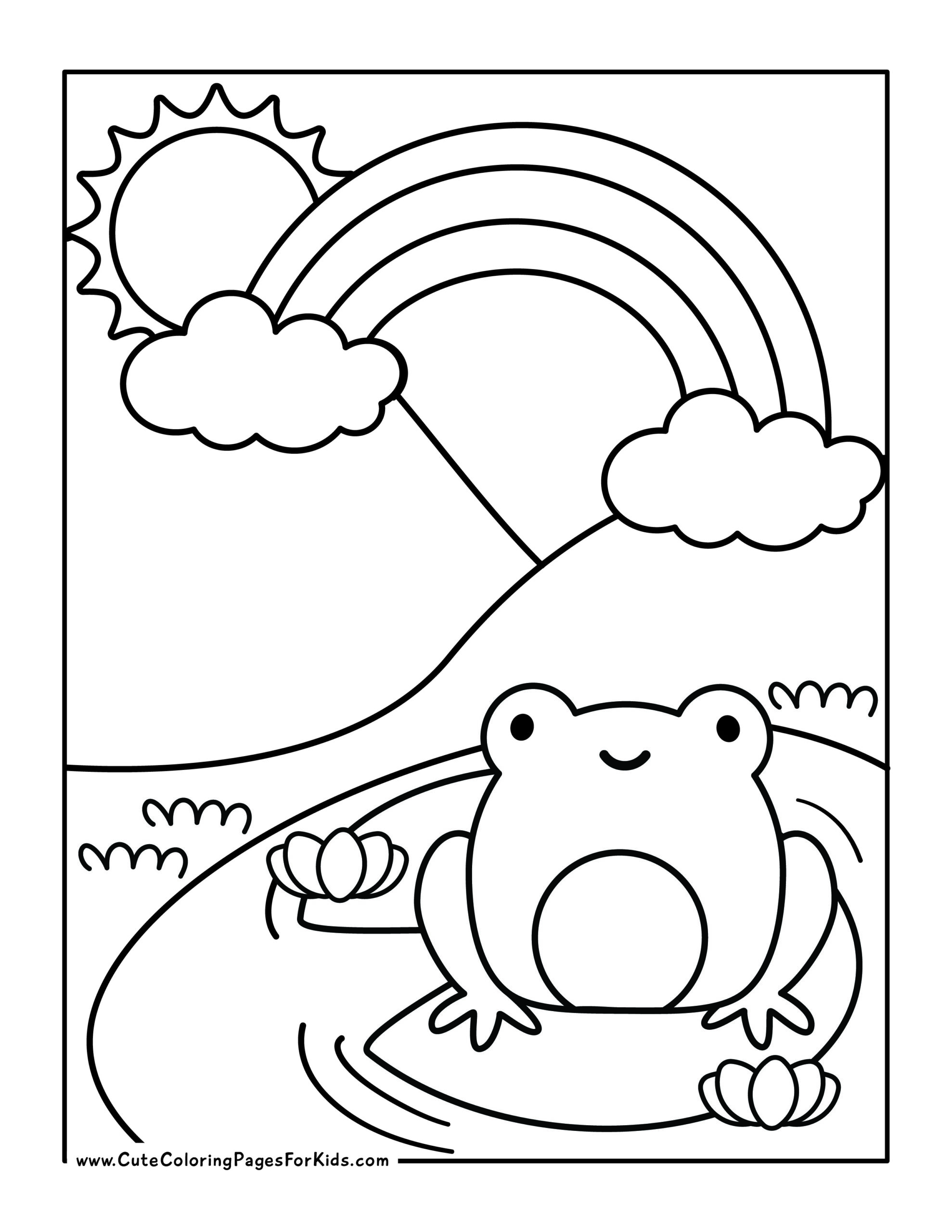 Coloring page with rainbow, sunshine and frog sits on lily pad