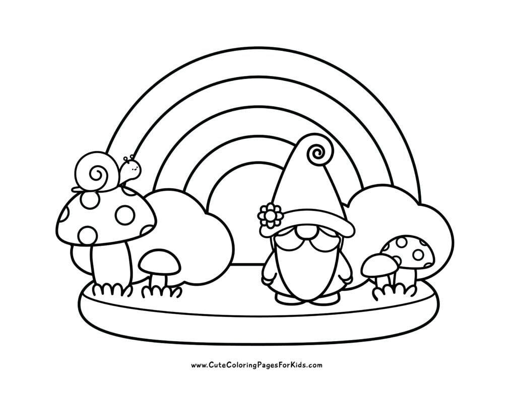 coloring page with rainbow in background and gnome, mushrooms, and snail sitting on a mushroom