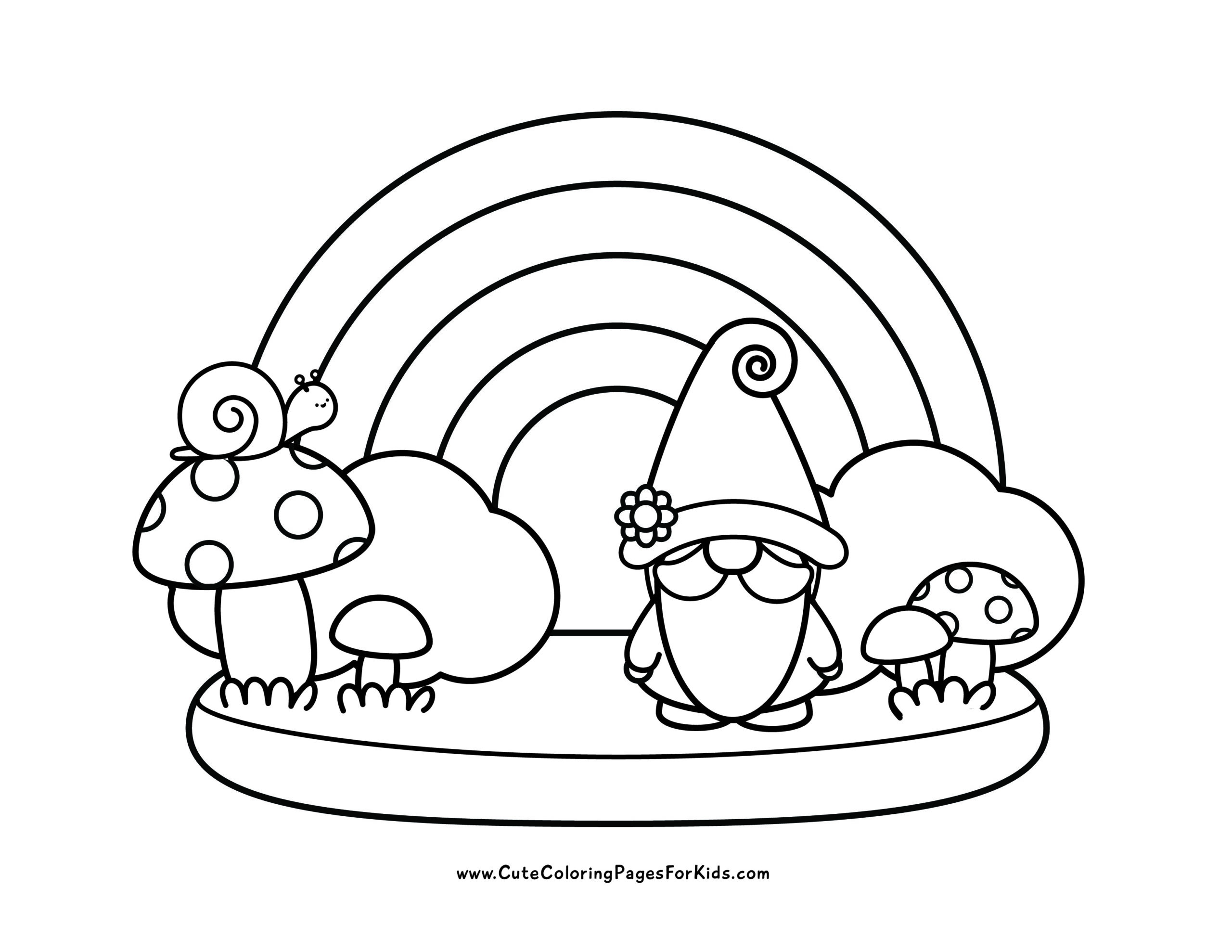 Coloring page, background and gnome, mushroom and snail sitting on mushrooms