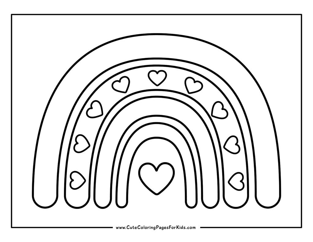 coloring sheet with rainbow arches, there are hearts in one of the arches, and one heart in the middle, under the rainbow