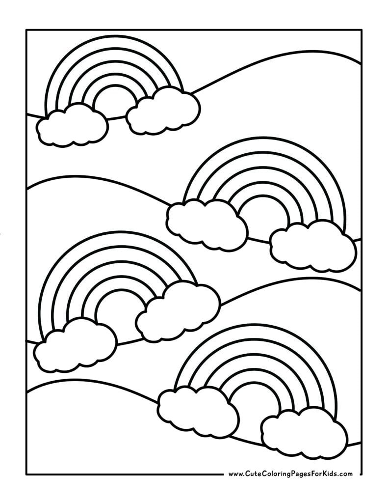 coloring page with four rainbows on rolling hills