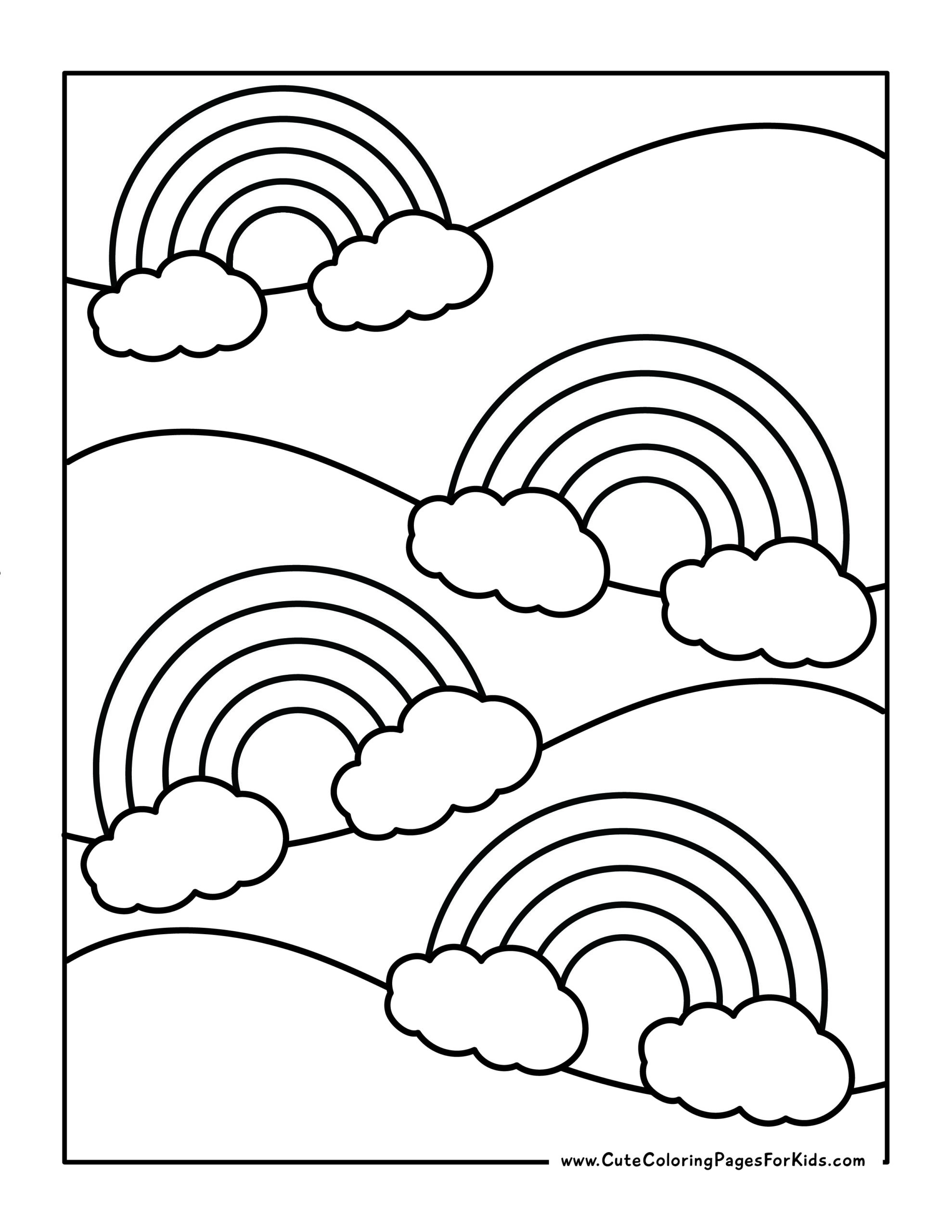 Coloring page with four rainbows on the rolling hills
