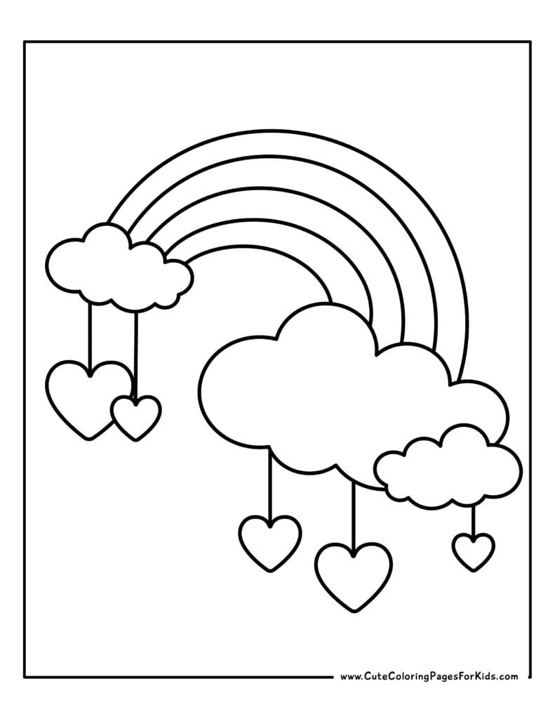 rainbow coloring page with clouds and hearts