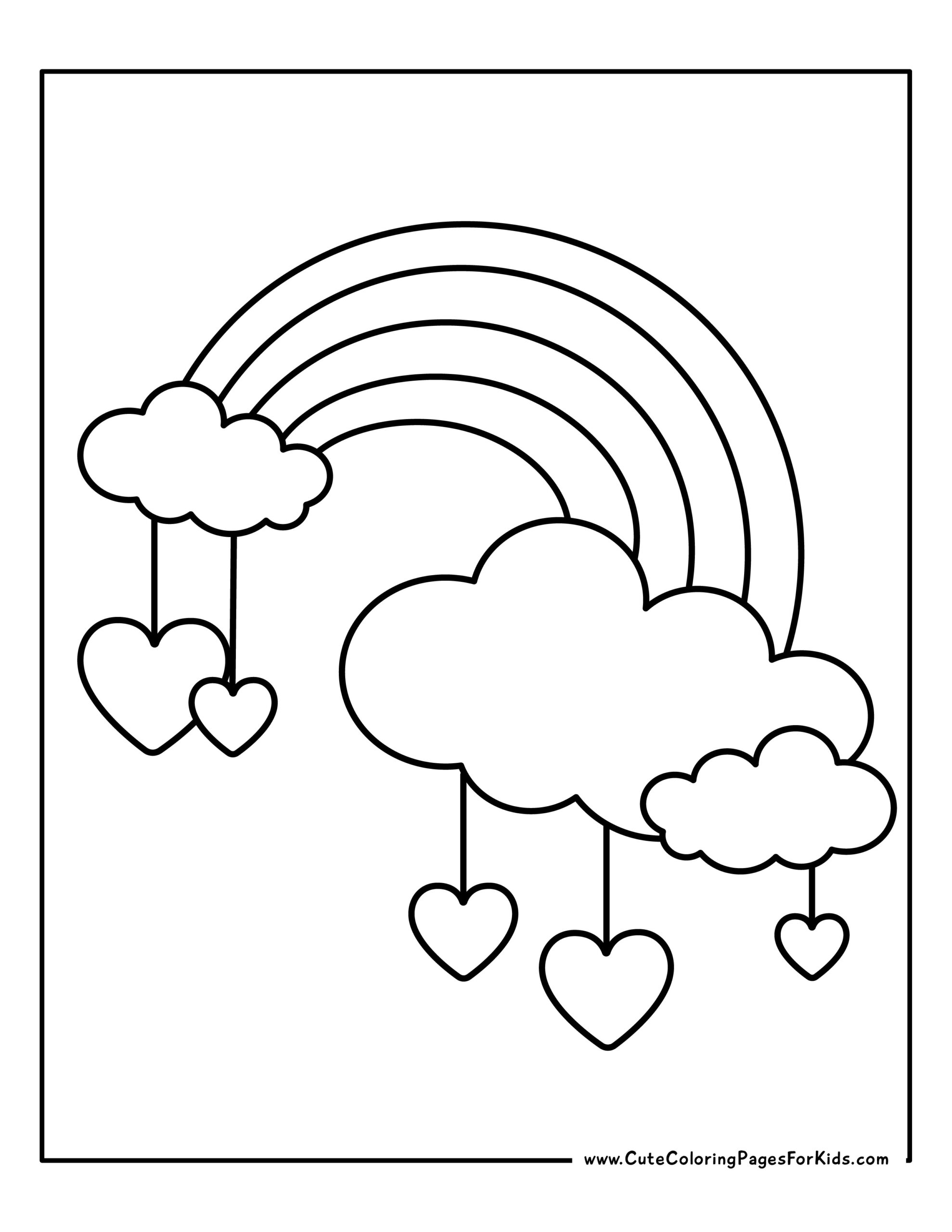 Rainbow coloring page with clouds and hearts