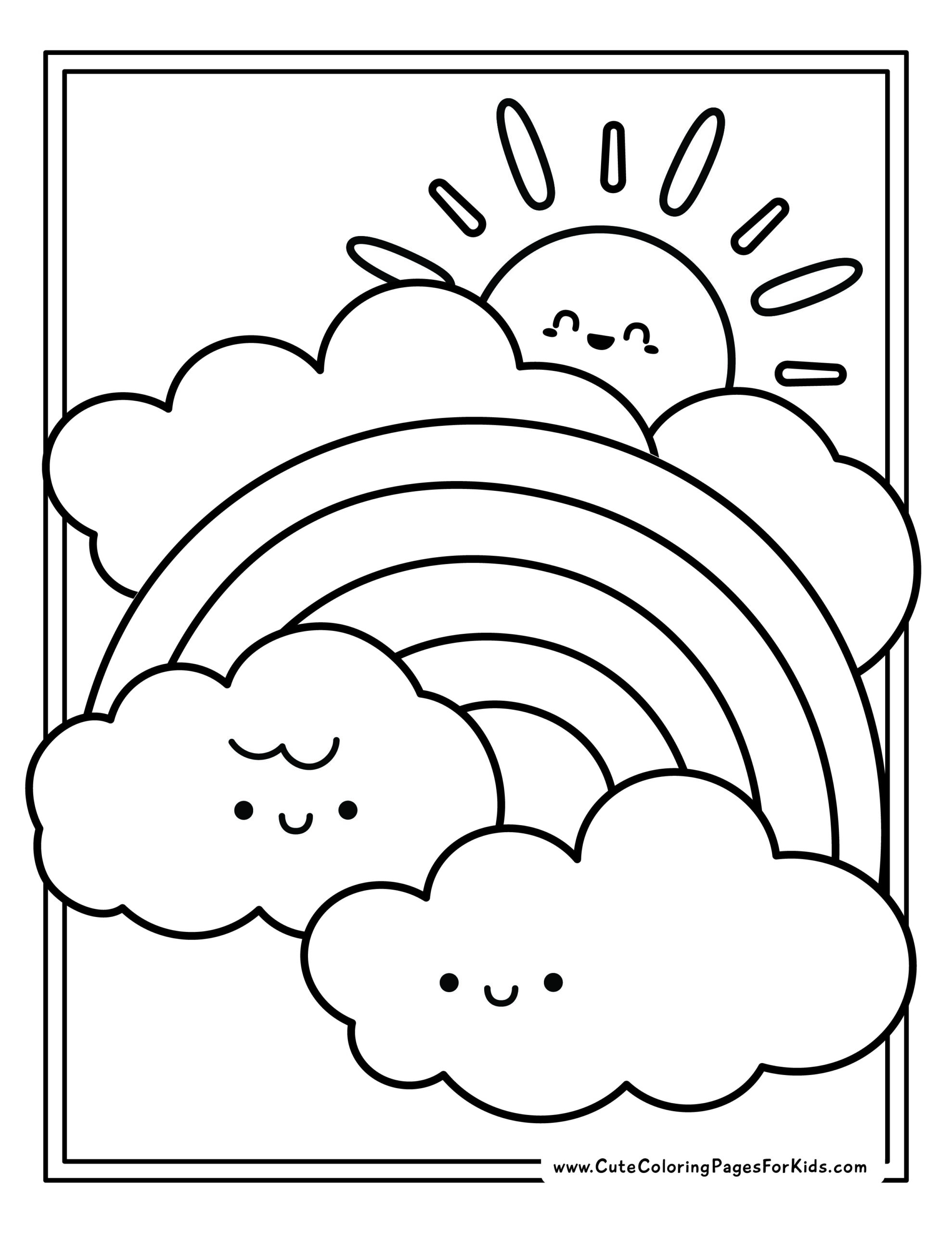 rainbow coloring page with cute clouds and sun in kawaii style illustration