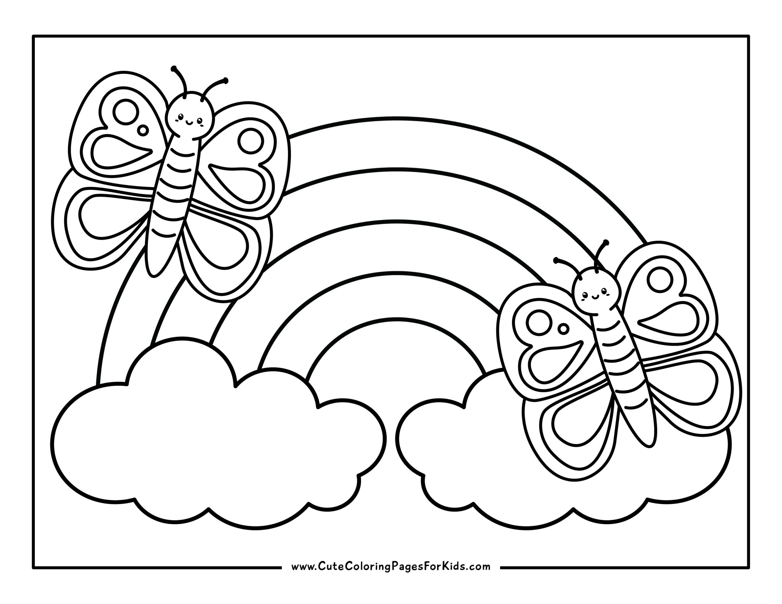 The rainbow coloring page has a big rainbow, clouds on the back and two smiling butterflies on the front.