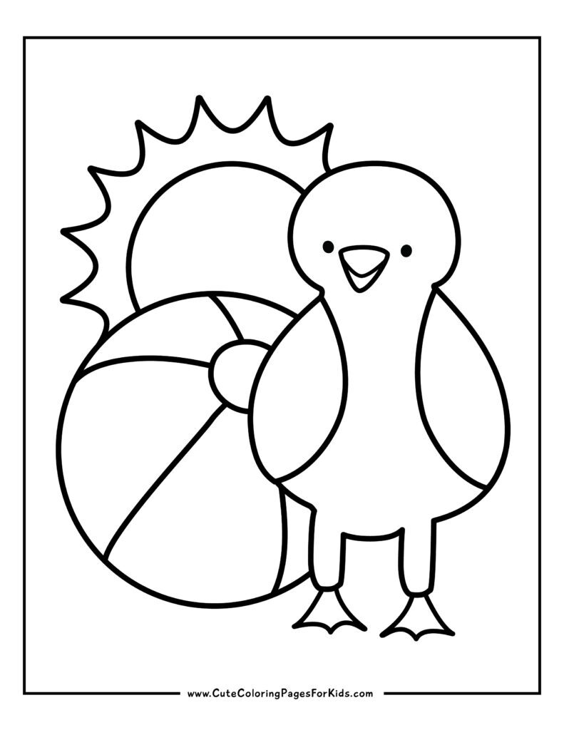 simple coloring sheet with beach ball, seagull, and a sun