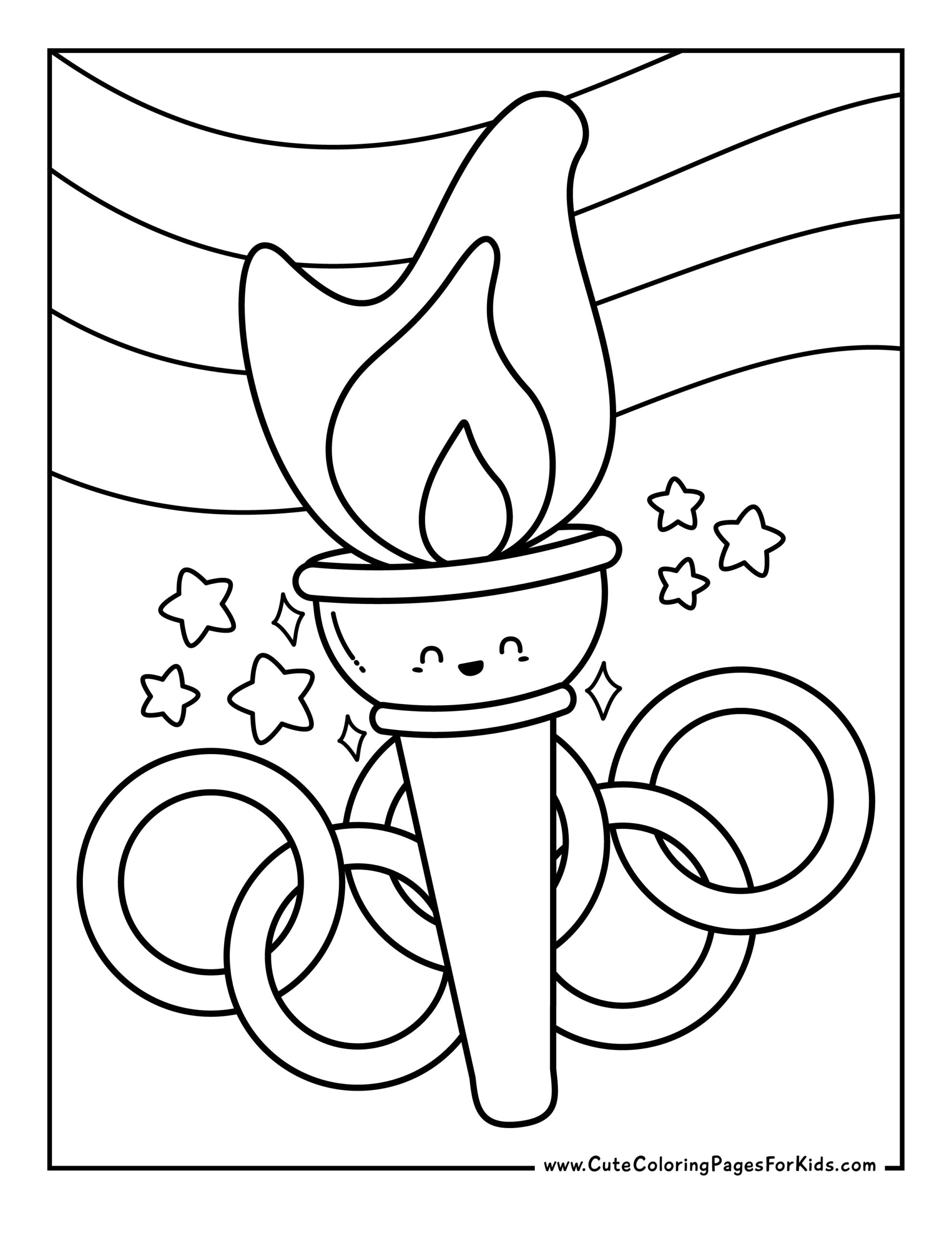 coloring page with picture of torch with flame. There are rings in the background with stars and curvy stripes