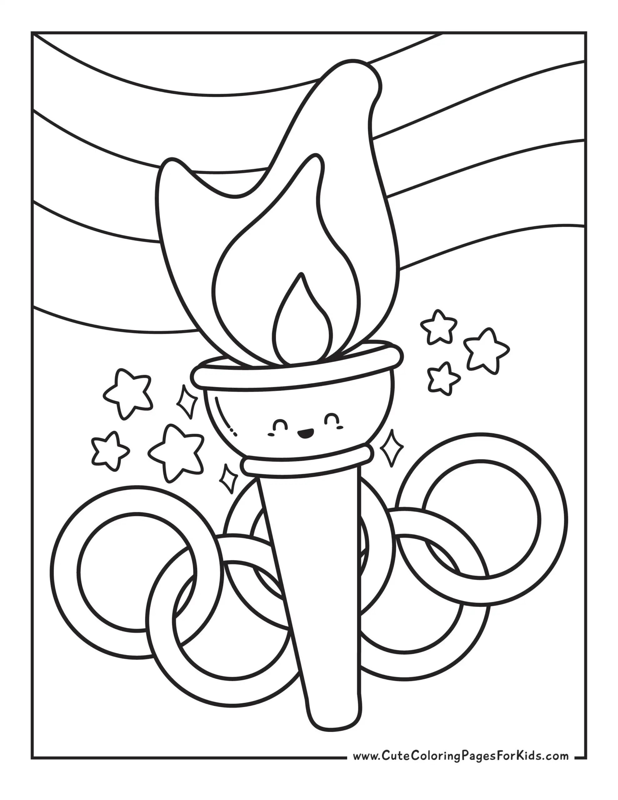 coloring page with picture of torch with flame. There are rings in the background with stars and curvy stripes