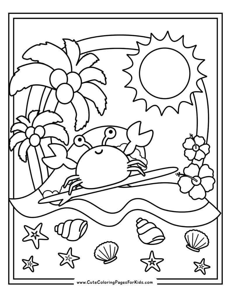 coloring page with a surfing crab at the beach with seashells, palm trees, hibiscus flowers, and a sun.