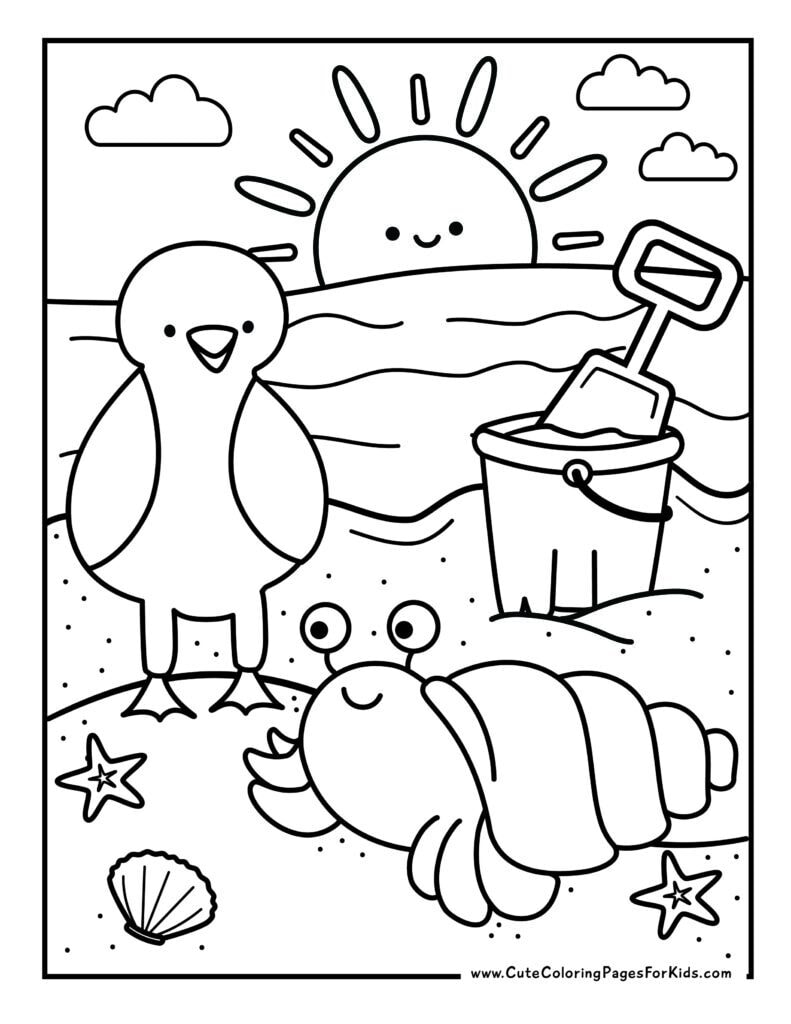 beach themed coloring sheet with line drawing of a cute seagull and hermit crab with a pail of sand and seashells
