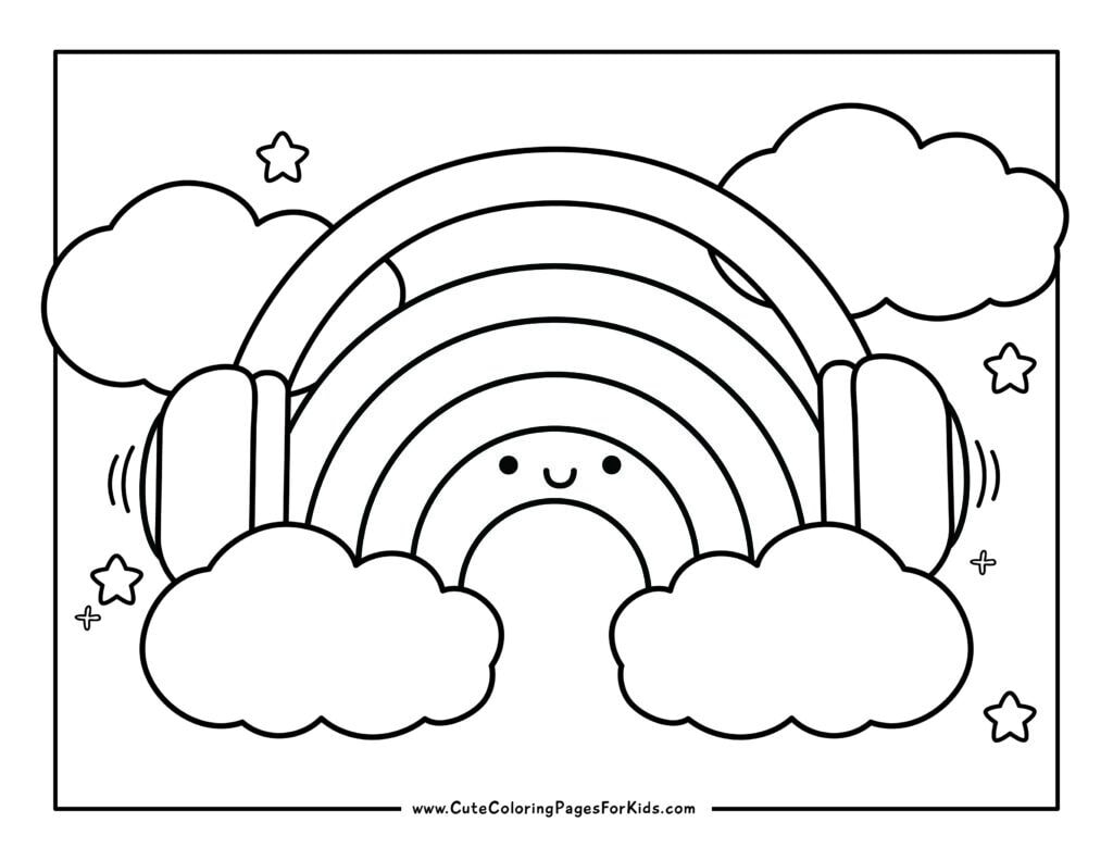 coloring page with picture of a rainbow listening to headphones in kawaii illustration style