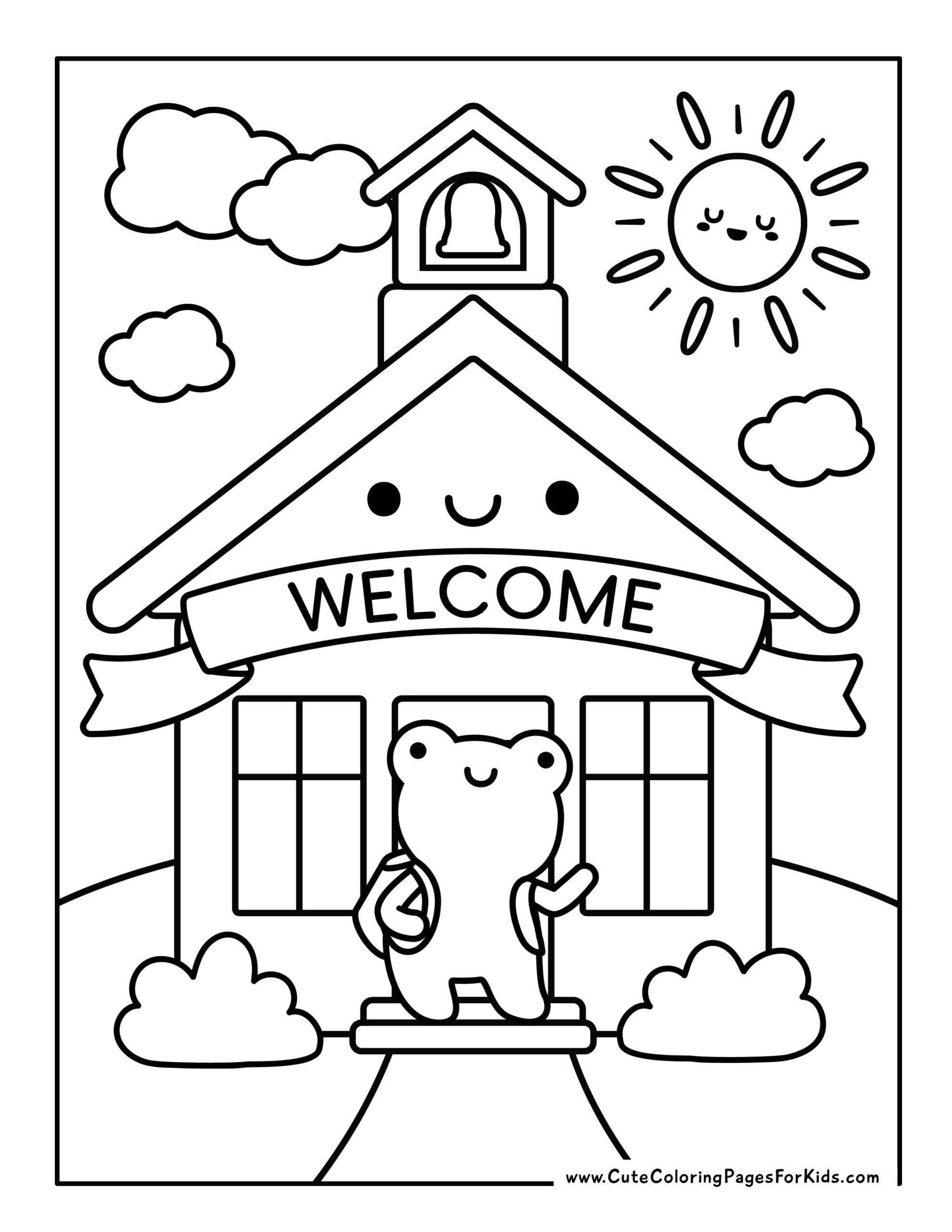 coloring page with illustration of a kawaii schoolhouse in the back and a cute frog wearing a backpack in the foreground. Sun and clouds in backdrop.