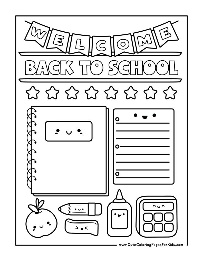 Coloring sheet with WELCOME back to school across the top plus stars and cute illustrations of school supplies to color